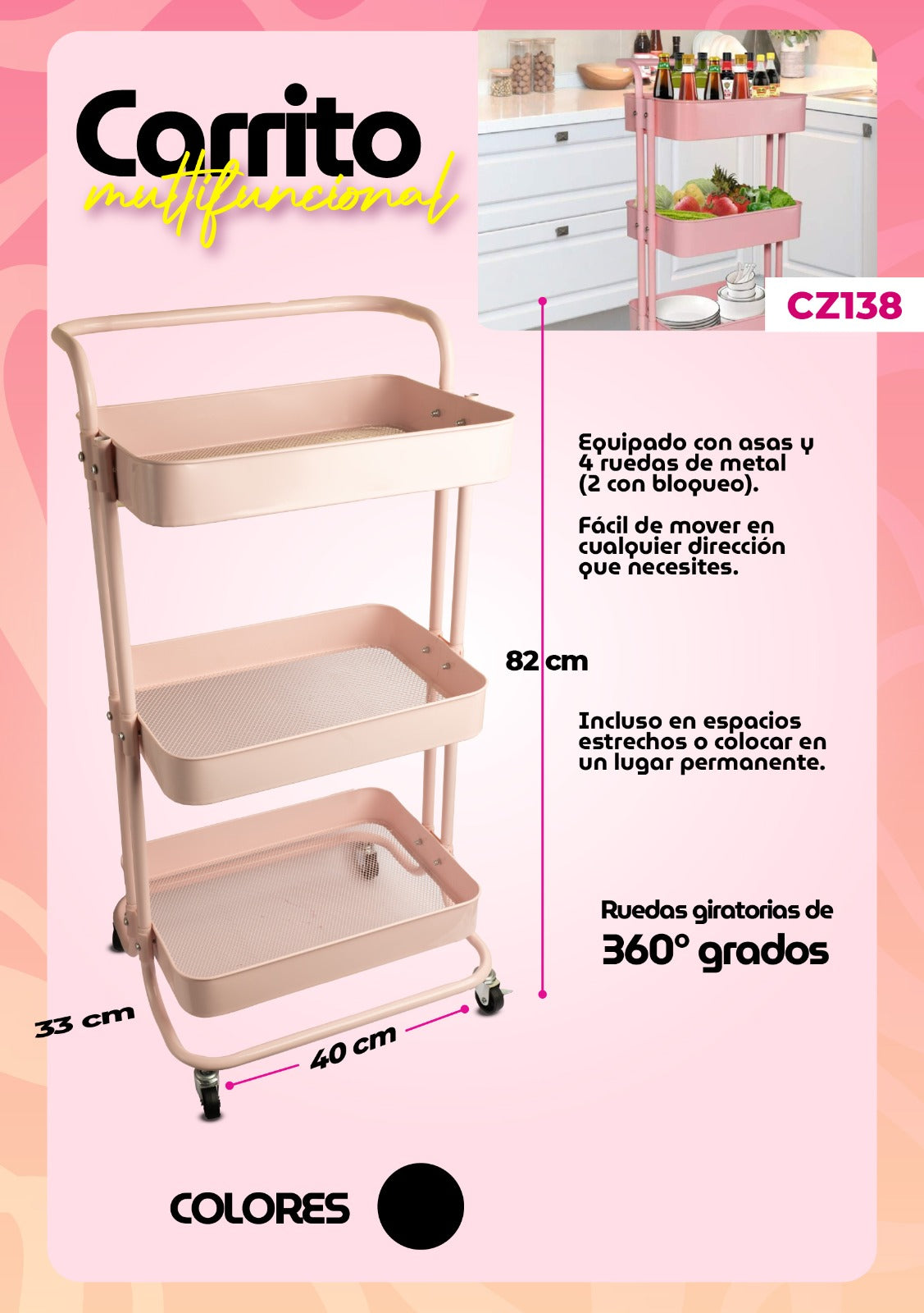 Carrito Multifuncional con Ruedas 360°